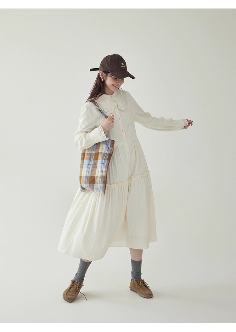 減齡純色花邊翻領洋裝女秋季新款中長娃娃裙