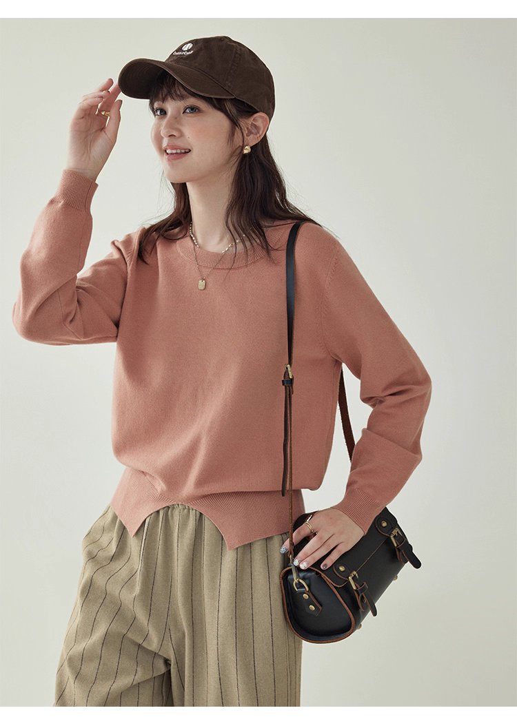 簡約純色下擺開叉針織衫女秋季新款圓領長袖上衣