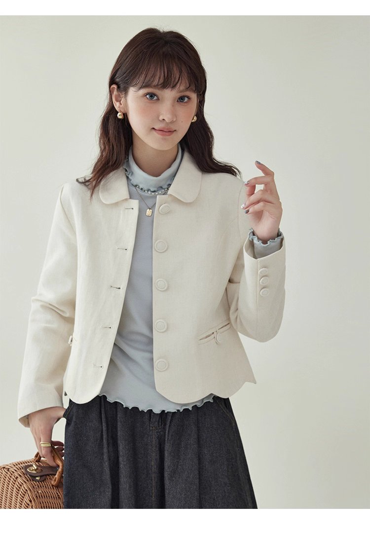 小香風純色單排扣短外套女秋新款波浪擺長袖上衣