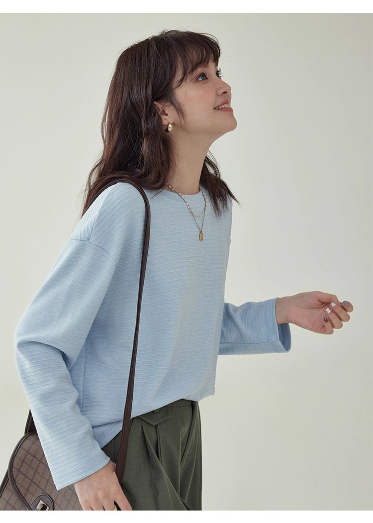 韓系藍線圓領長袖T恤女秋季新款簡約寬鬆上衣