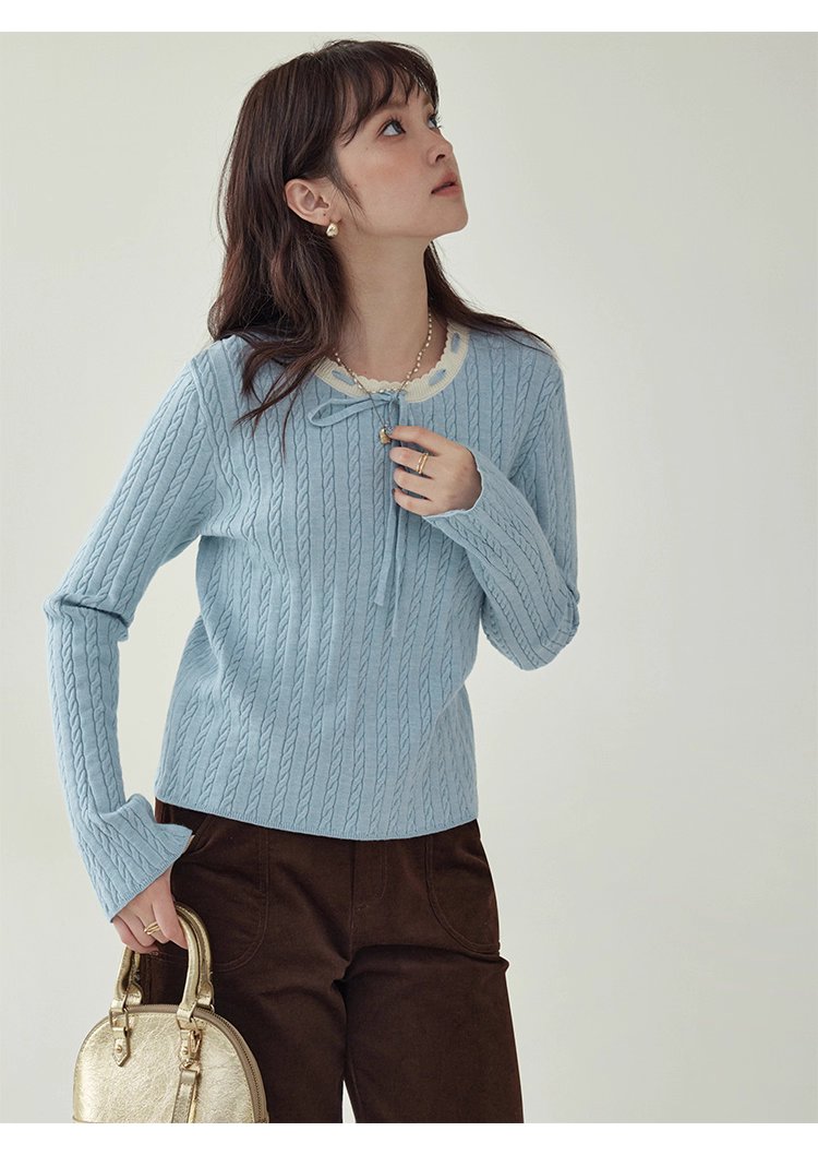 藍色綁帶圓領扭花針織衫女秋季新款百搭長袖上衣