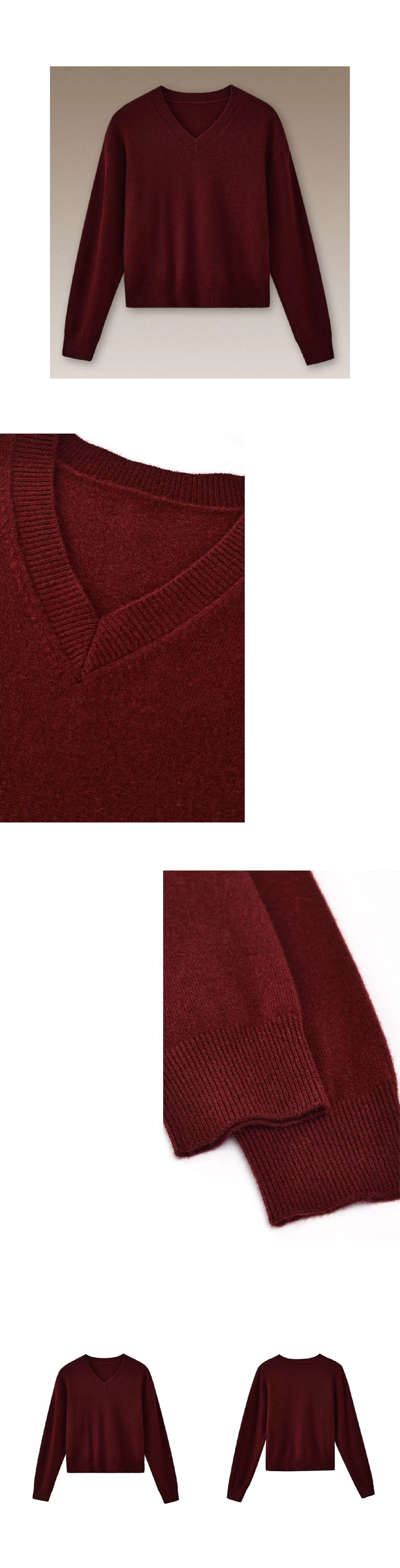 復古勃更第紅顯白柔軟山羊絨羊毛混紡顯瘦V領寬鬆毛衣女