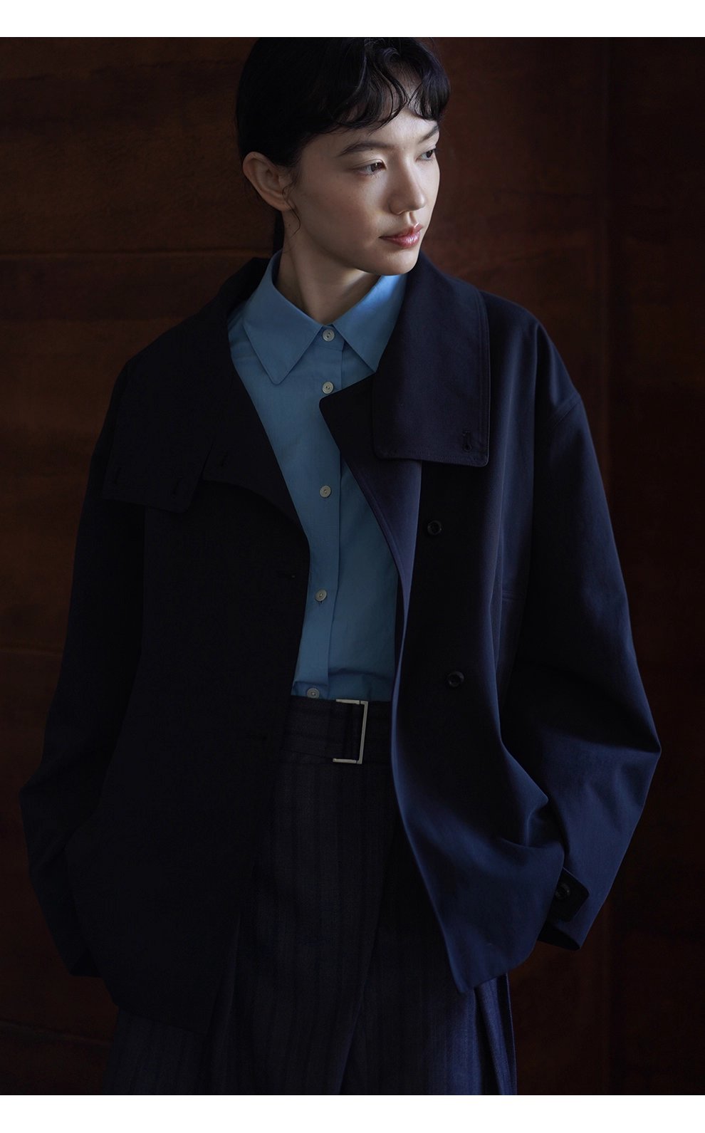 100棉細斜紋挺括水洗廓形立領寬鬆一手長顯瘦風衣外套女