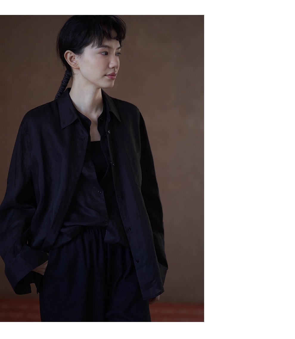 另類通勤設計感假兩件100苧麻挺括疊穿寬鬆顯瘦長袖襯衫