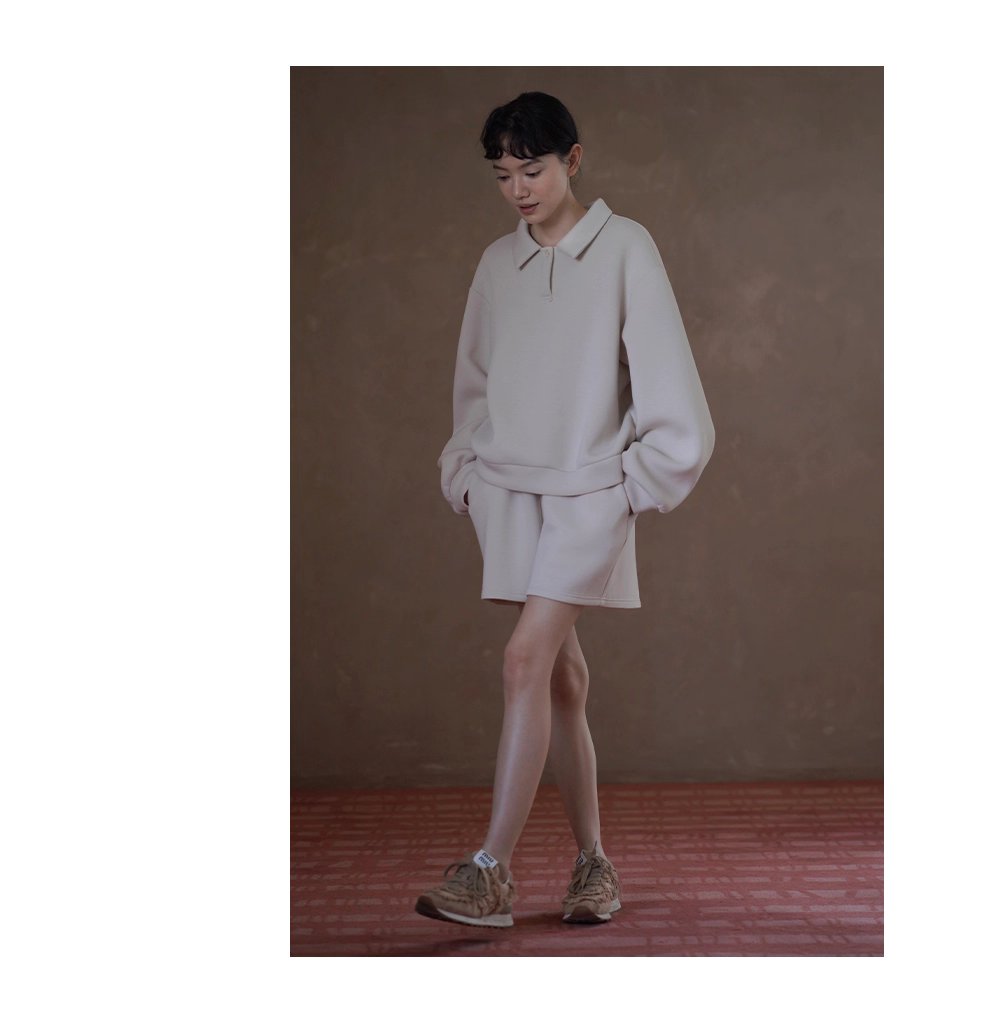 綿軟暖糯衛衣套裝寬鬆落肩Polo領顯瘦上衣鬆緊高腰短褲