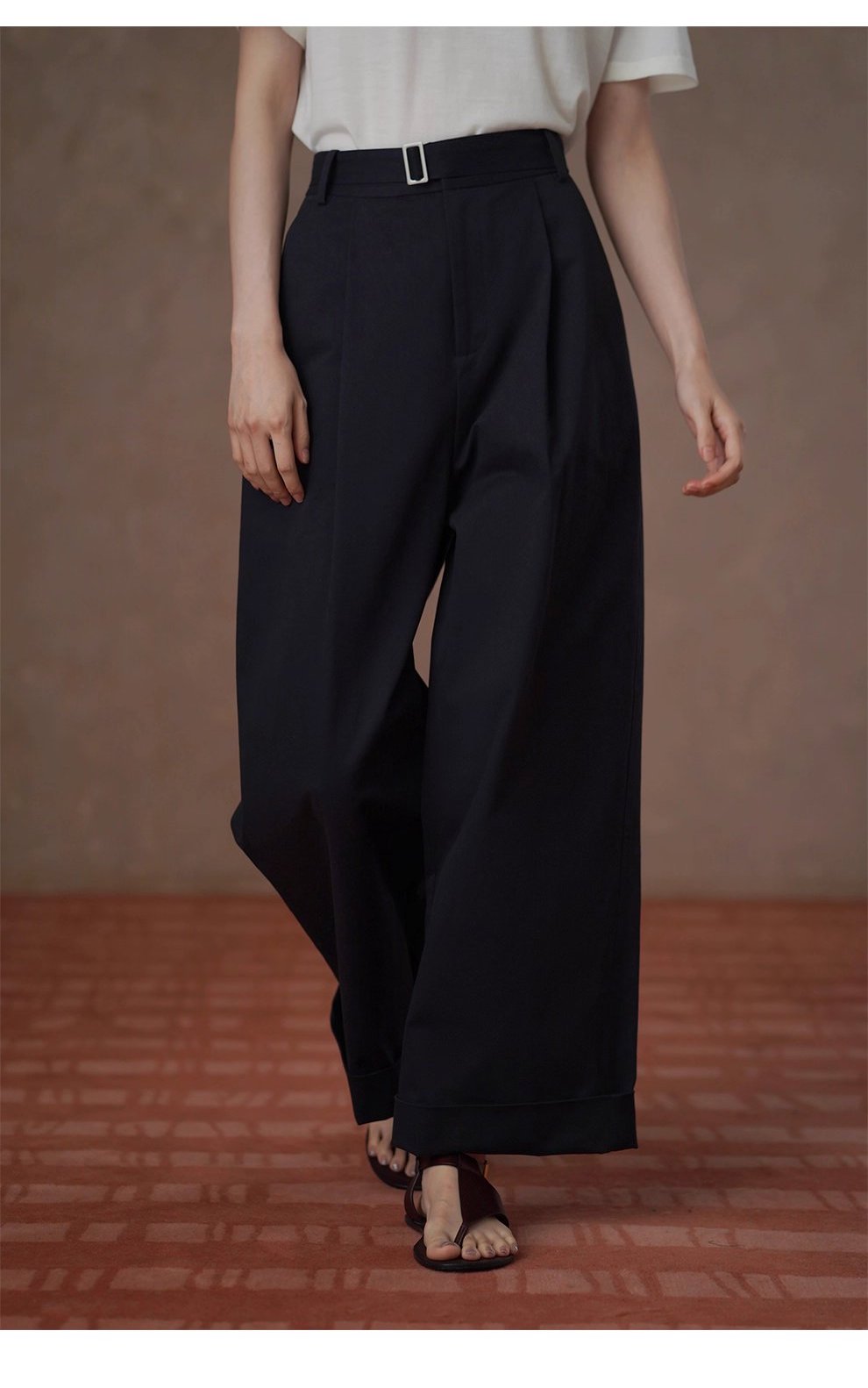 無可挑剔挺括棉感可調式腰帶直筒寬鬆闊腿顯瘦高腰長褲