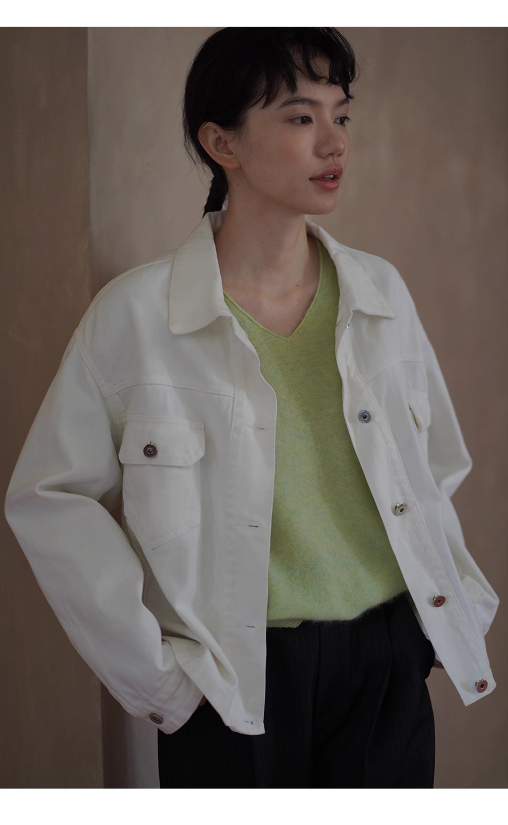 復古工裝立體口袋水洗100棉柔軟斜紋牛仔寬鬆翻領外套女