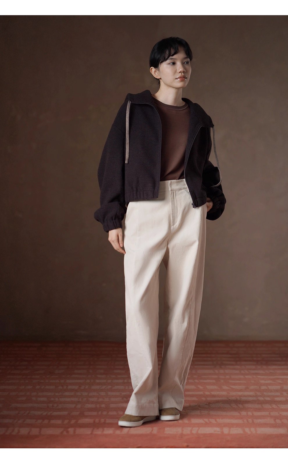 榛果咖濃鬱質感加厚綿羊毛混紡寬鬆短連帽衛衣外套女