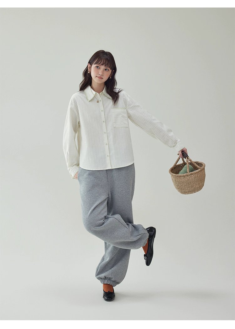 反線條單排扣長袖襯衫女秋季新款polo領寬鬆上衣