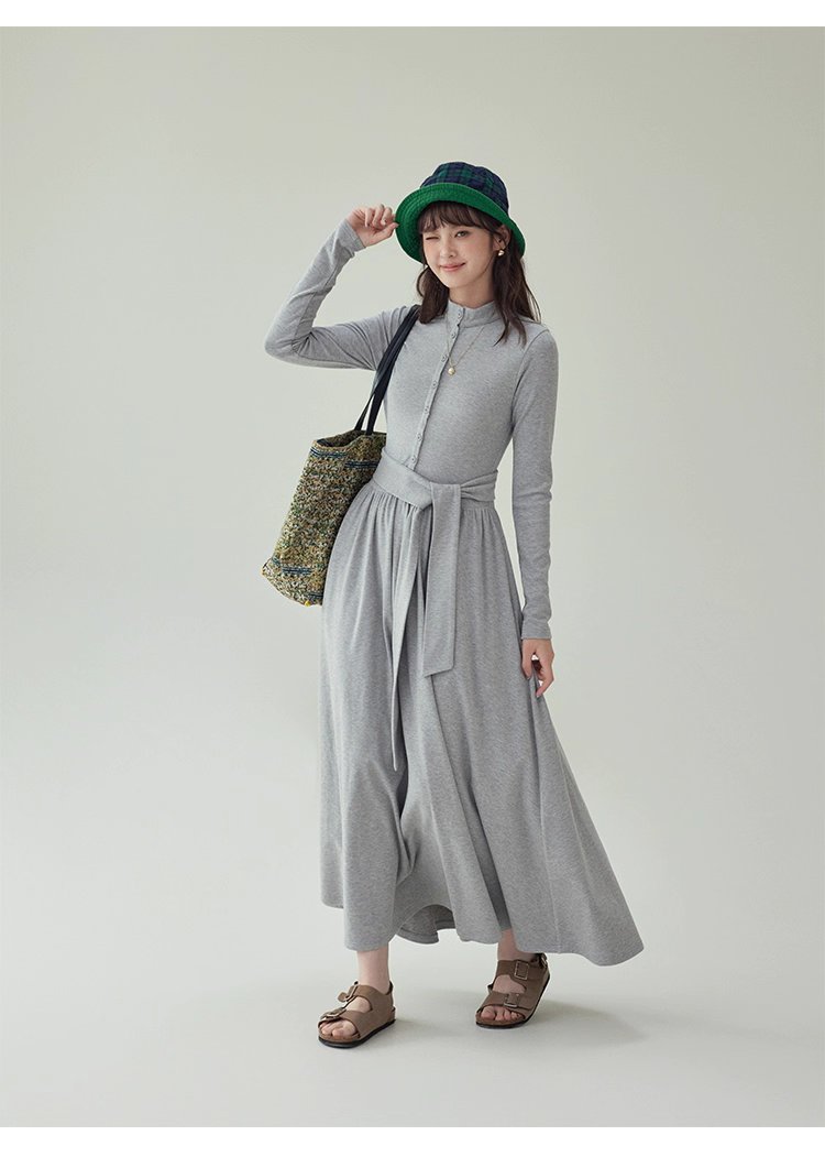 灰色修身高腰綁帶洋裝女秋新款長袖收腰T恤裙