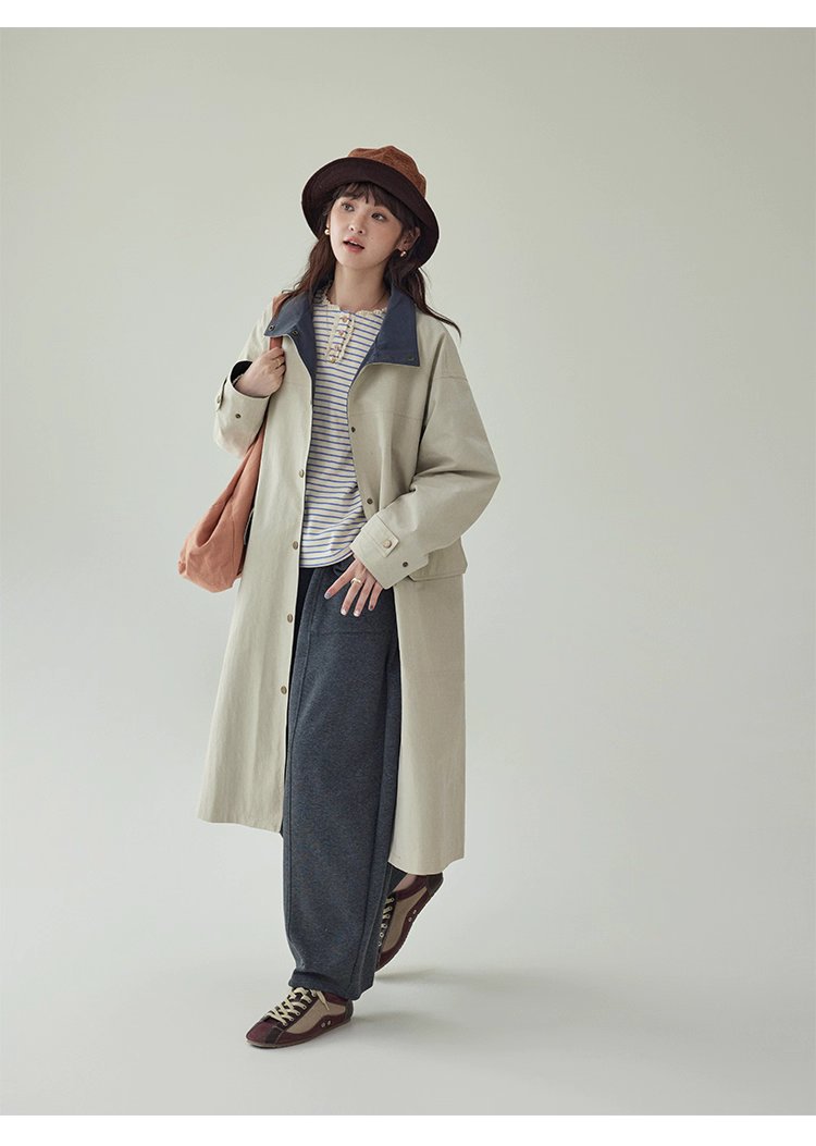 日系純色立領長風衣外套女秋新款寬鬆長袖上衣