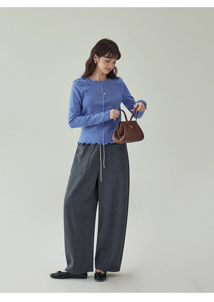 韓系灰色高腰休閒衛褲女秋季新款寬腿百搭彎刀褲