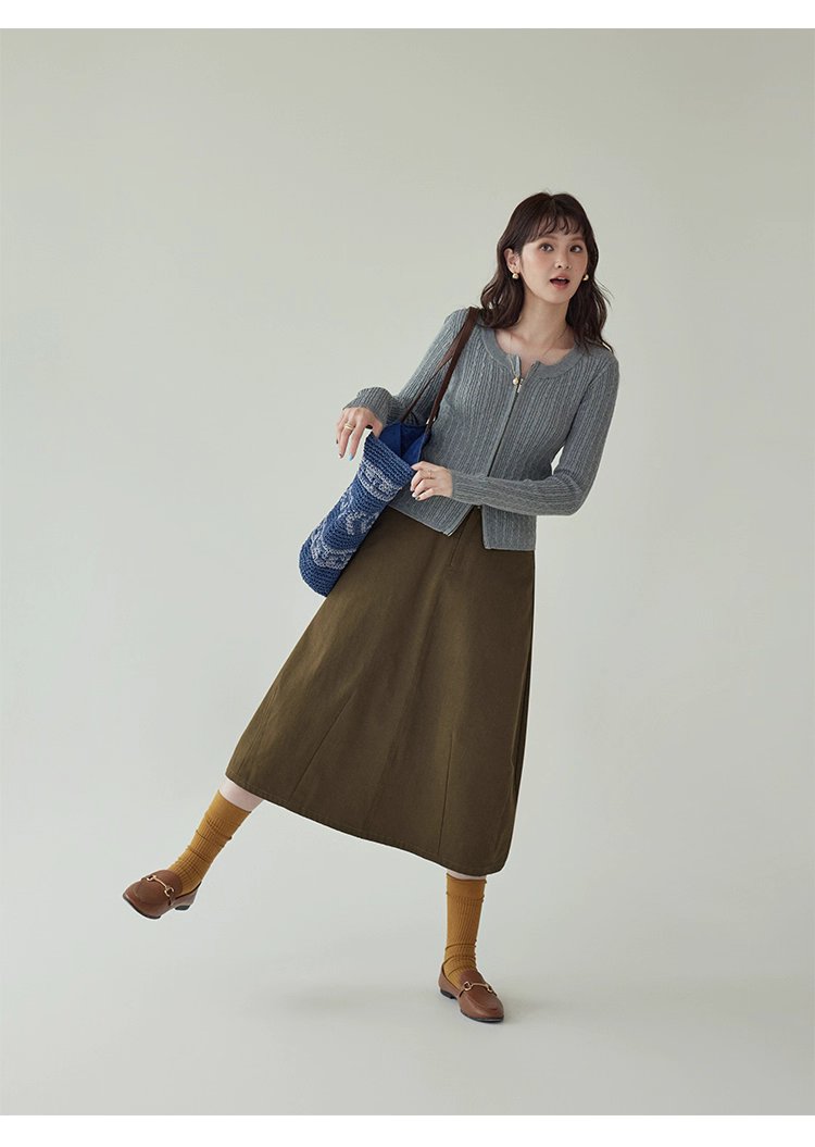 純色麻花雙頭拉鍊針織衫女秋季新款修身純棉上衣