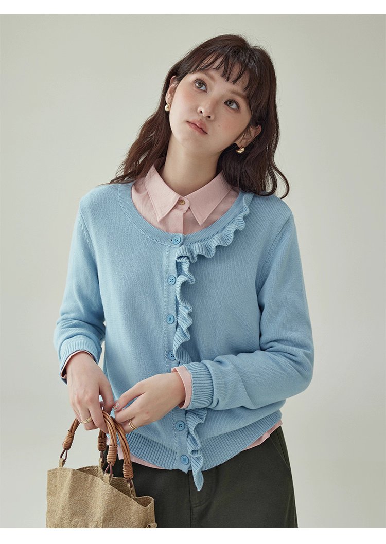 設計感木耳邊連結針織衫女秋季新款純棉長袖上衣,設計感木耳邊連結針織衫女秋季新款純棉長袖上衣,HBEW1096,設計感木耳邊連結針織衫女秋季新款純棉長袖上衣,圓領排扣,全棉面料