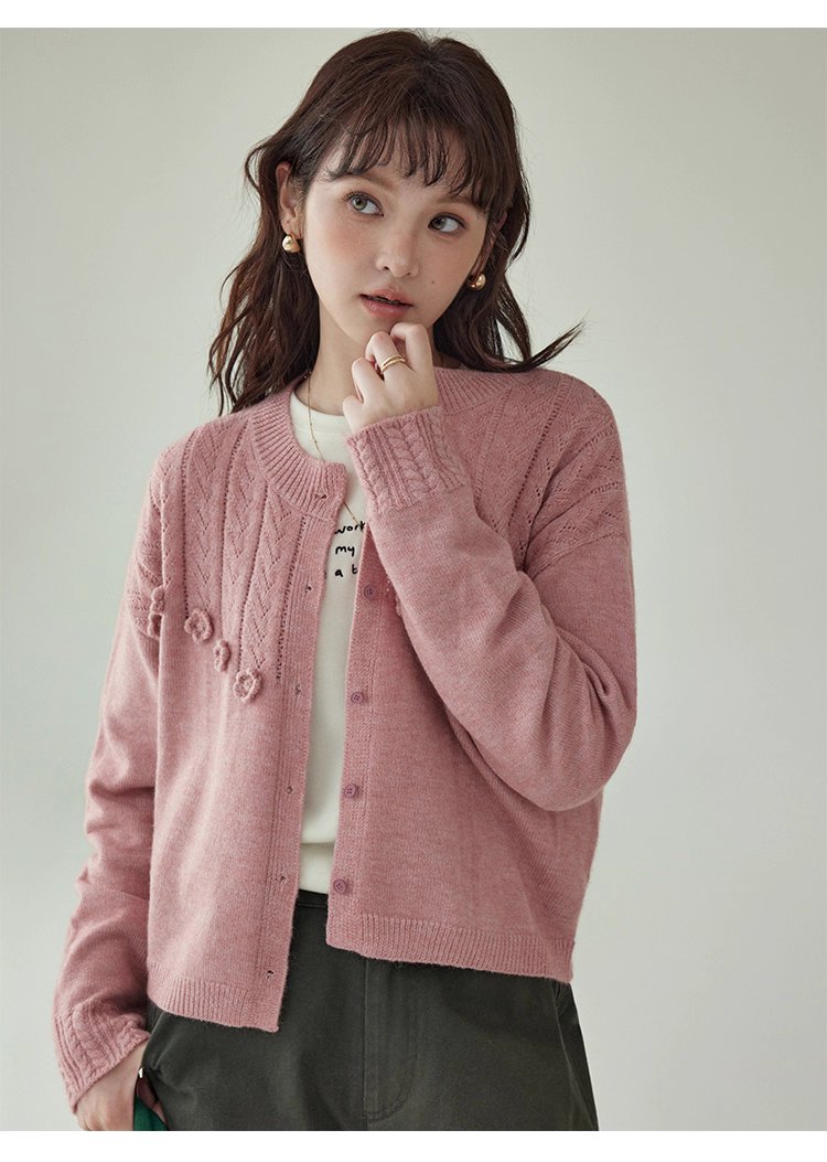 少女感粉紅花朵毛衣開襟女秋季新款寬鬆長袖上衣