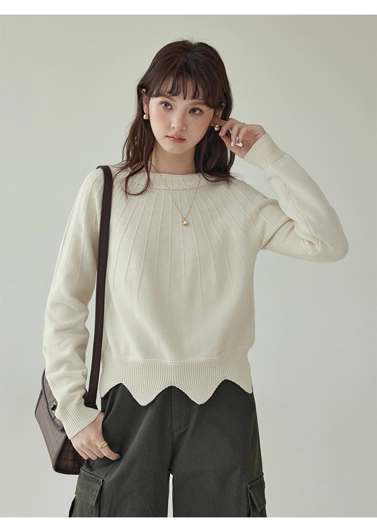 設計感波浪下擺純棉針織衫女秋冬季新款長袖上衣