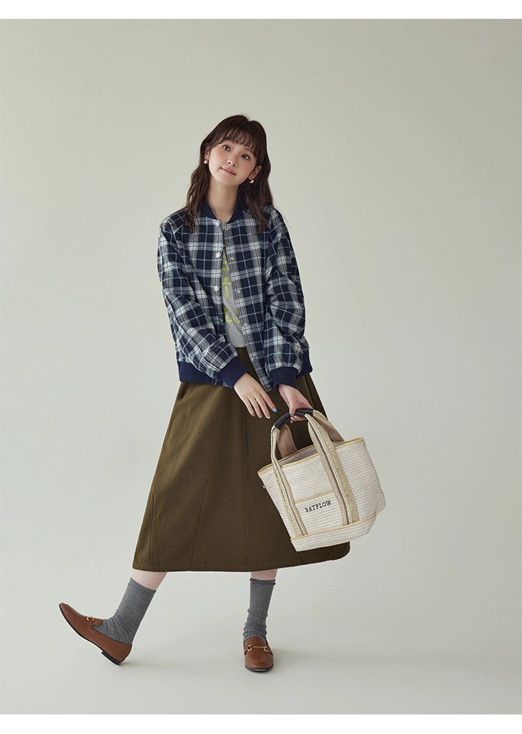 撞色格紋插肩袖摁扣外套女秋季新款長袖外套上衣