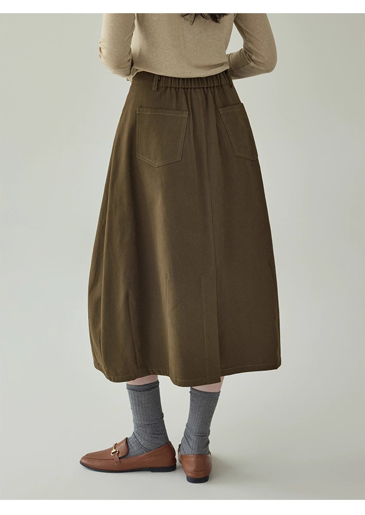 復古純色a字純棉半身裙女秋季新款後鬆緊花苞裙