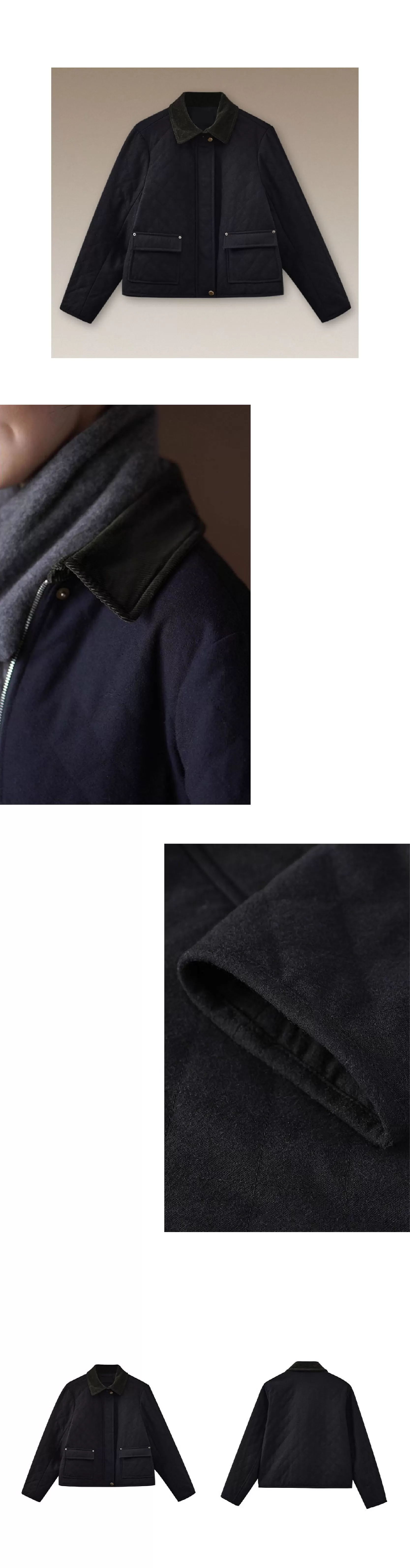 復古英倫配色撞色燈芯絨翻領正肩短款菱形格絎棉外套女