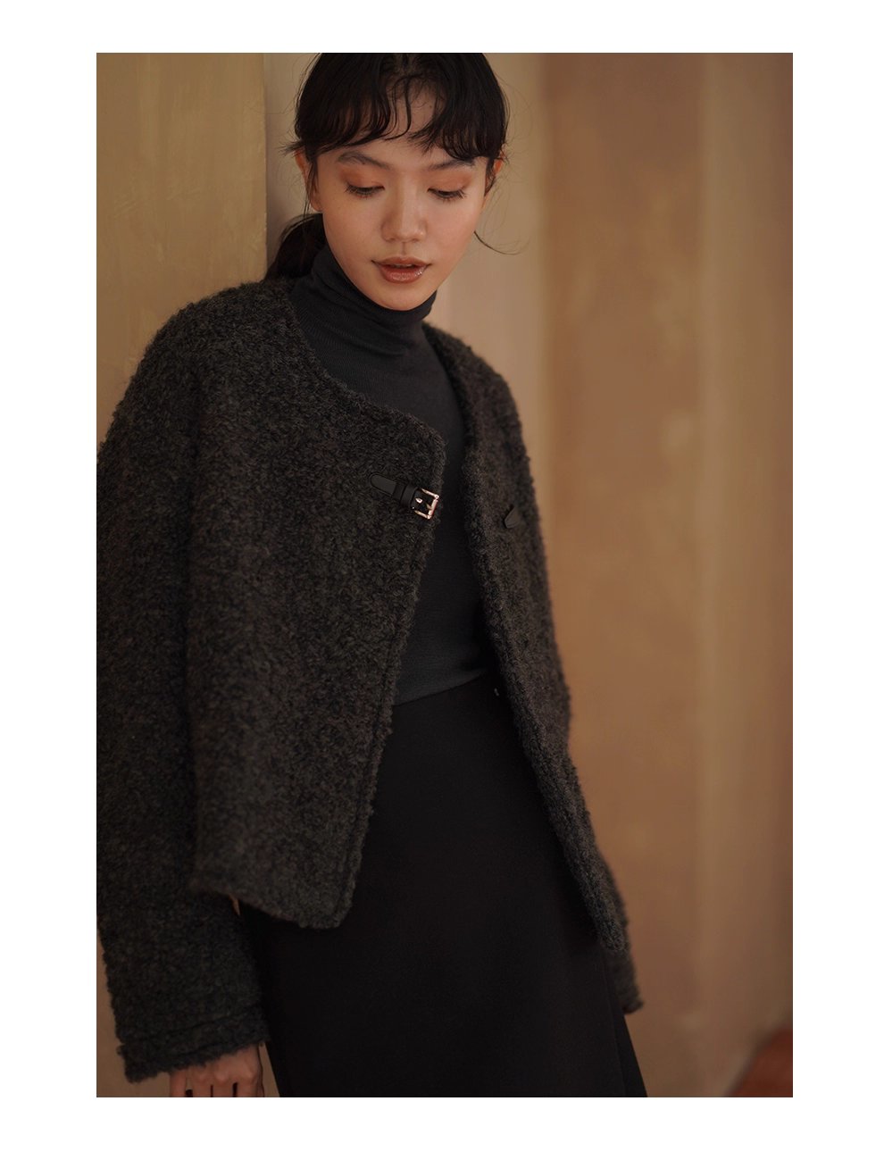 費城外套蓬鬆羊毛圈毛呢料輪廓皮袢圓領通勤顯瘦大衣