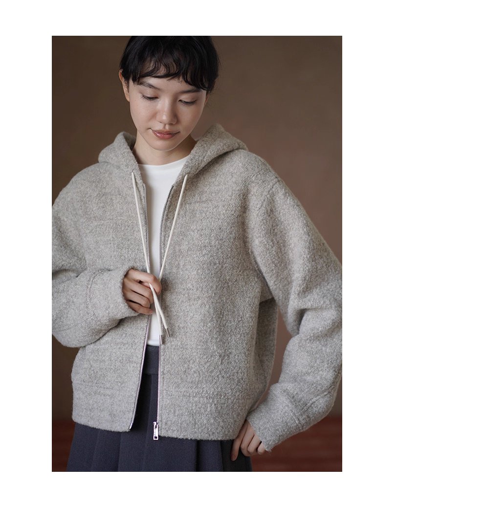 顆粒肌理絨感100綿羊毛輪廓休閒顯瘦連帽衛衣保暖外套女