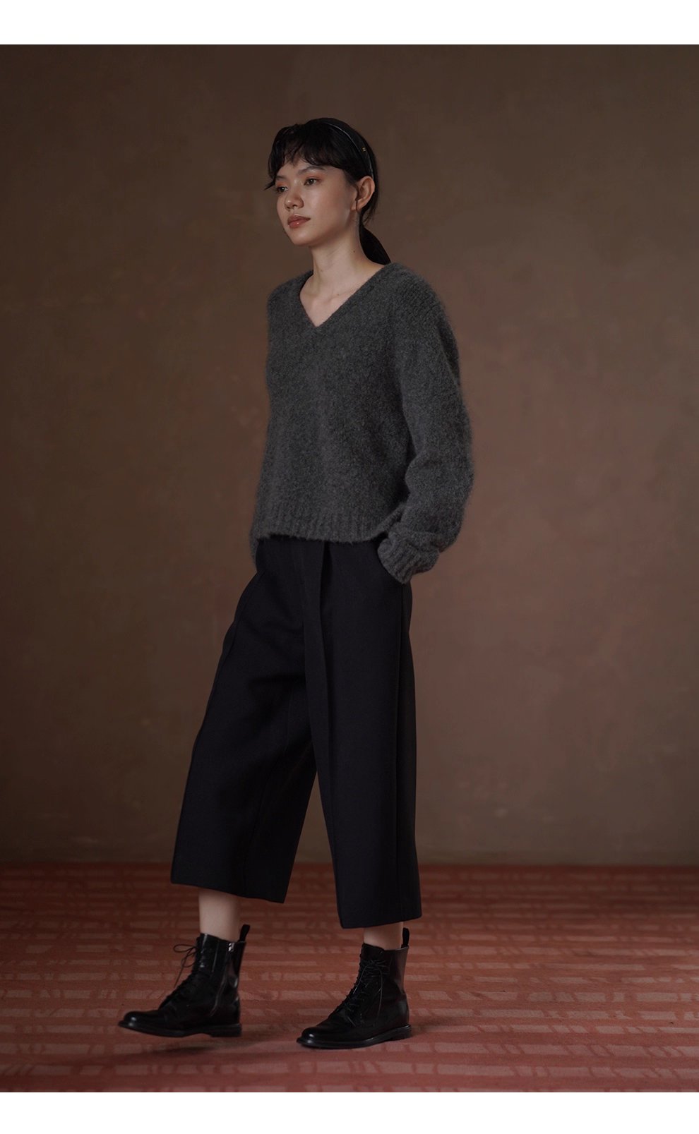 溫柔蓬鬆雜花灰毛衣馬海毛綿羊毛混紡寬鬆V領落肩上衣女