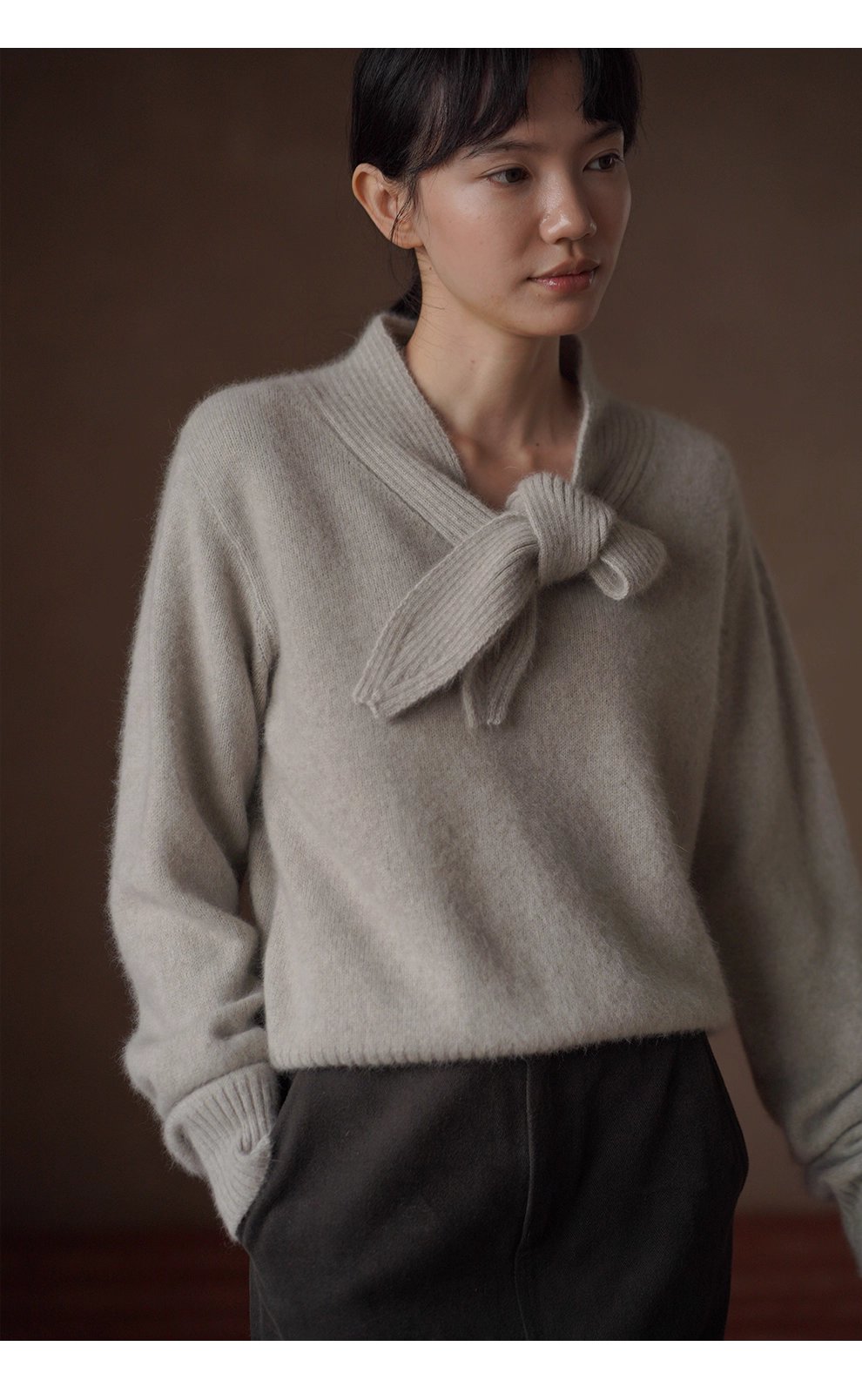 靜謐月光羊毛柔和混紡紗線領結設計感坑條顯瘦寬鬆毛衣