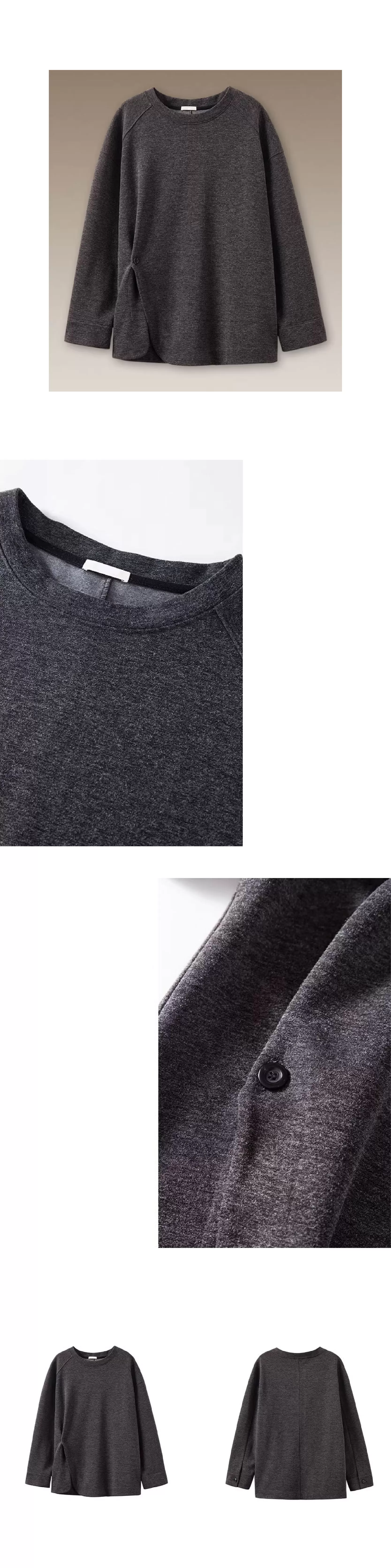 慵懶寬鬆毛感柔軟垂順薄呢圓領弧形下擺紐扣設計顯瘦T恤,慵懶寬鬆毛感柔軟垂順薄呢圓領弧形下擺紐扣設計顯瘦T恤,HBEW1141,慵懶寬鬆毛感柔軟垂順薄呢圓領弧形下擺紐扣設計顯瘦T恤,簡單有型,毛呢面料