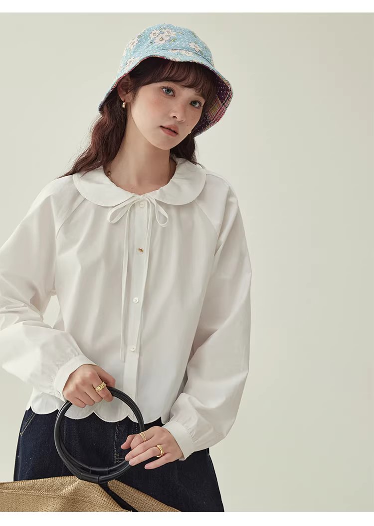 少女感蕾絲娃娃領襯衫女25冬季新款白色長袖上衣,HBEW1142,少女感蕾絲娃娃領襯衫女25冬季新款白色長袖上衣,娃娃領,花瓣衣襬,細節滿分