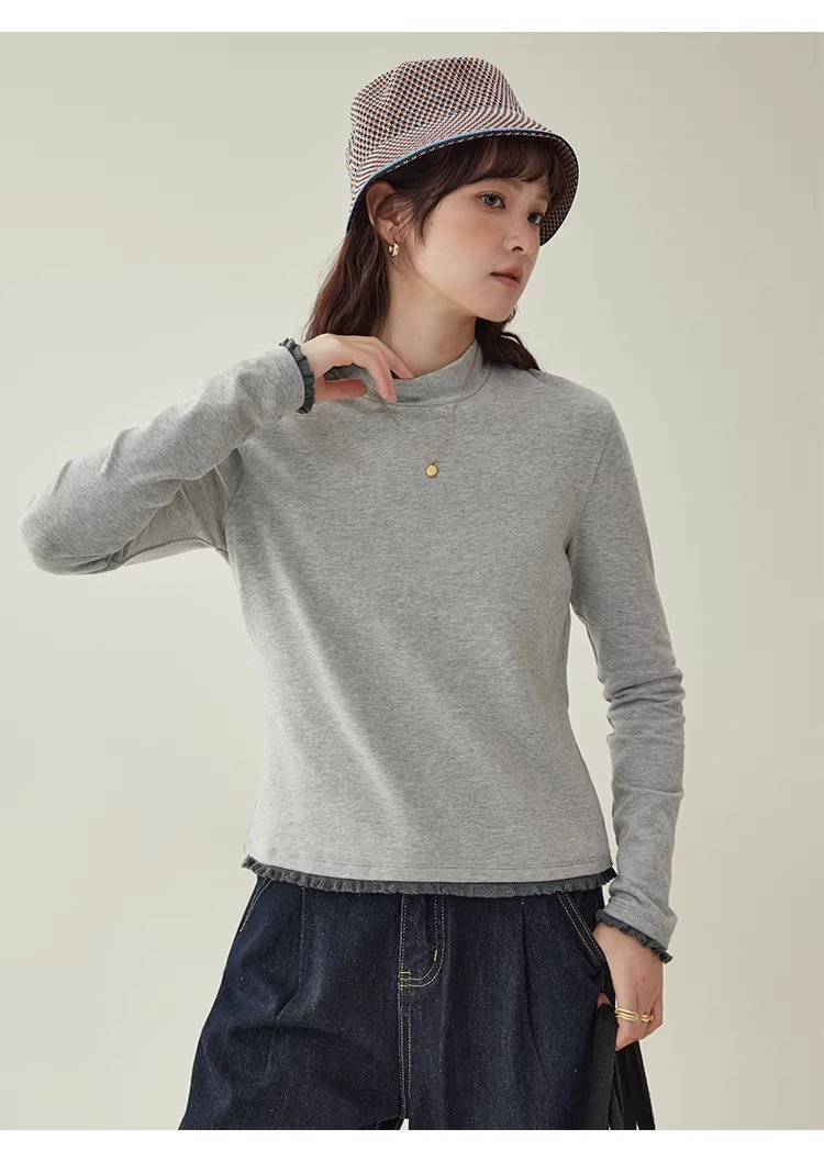 拼接螺紋邊半高領厚T恤女冬季新款灰色內搭上衣,拼接螺紋邊半高領厚T恤女冬季新款灰色內搭上衣,HBEW1143,拼接螺紋邊半高領厚T恤女冬季新款灰色內搭上衣,半高領,舒適面料