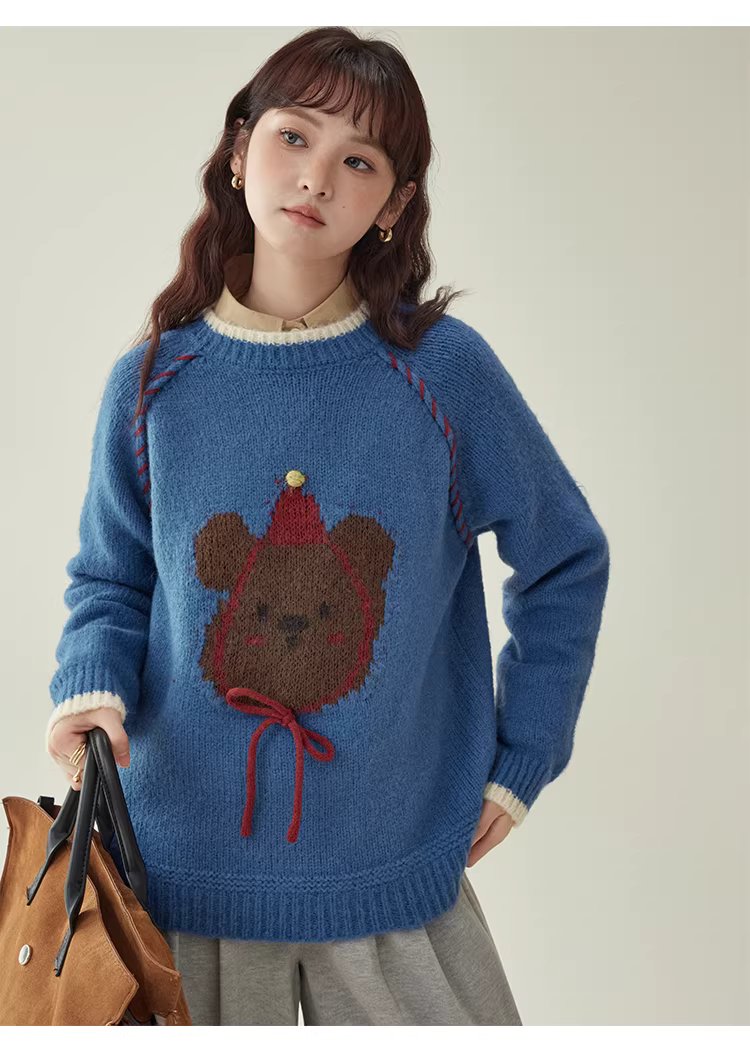 克萊因藍圓領羊毛長袖小熊毛衣女冬新款寬鬆減齡上衣,克萊因藍圓領羊毛長袖小熊毛衣女冬新款寬鬆減齡上衣,HBEW1148,克萊因藍圓領羊毛長袖小熊毛衣女冬新款寬鬆減齡上衣,童趣針織,羊毛混紡