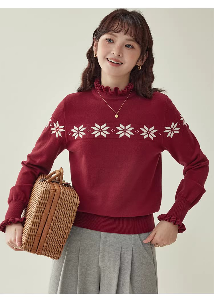 減齡紅色木耳邊雪花針織衫女冬新款內搭長袖上衣,減齡紅色木耳邊雪花針織衫女冬新款內搭長袖上衣,HBEW1152,減齡紅色木耳邊雪花針織衫女冬新款內搭長袖上衣,木耳邊,雪花針織