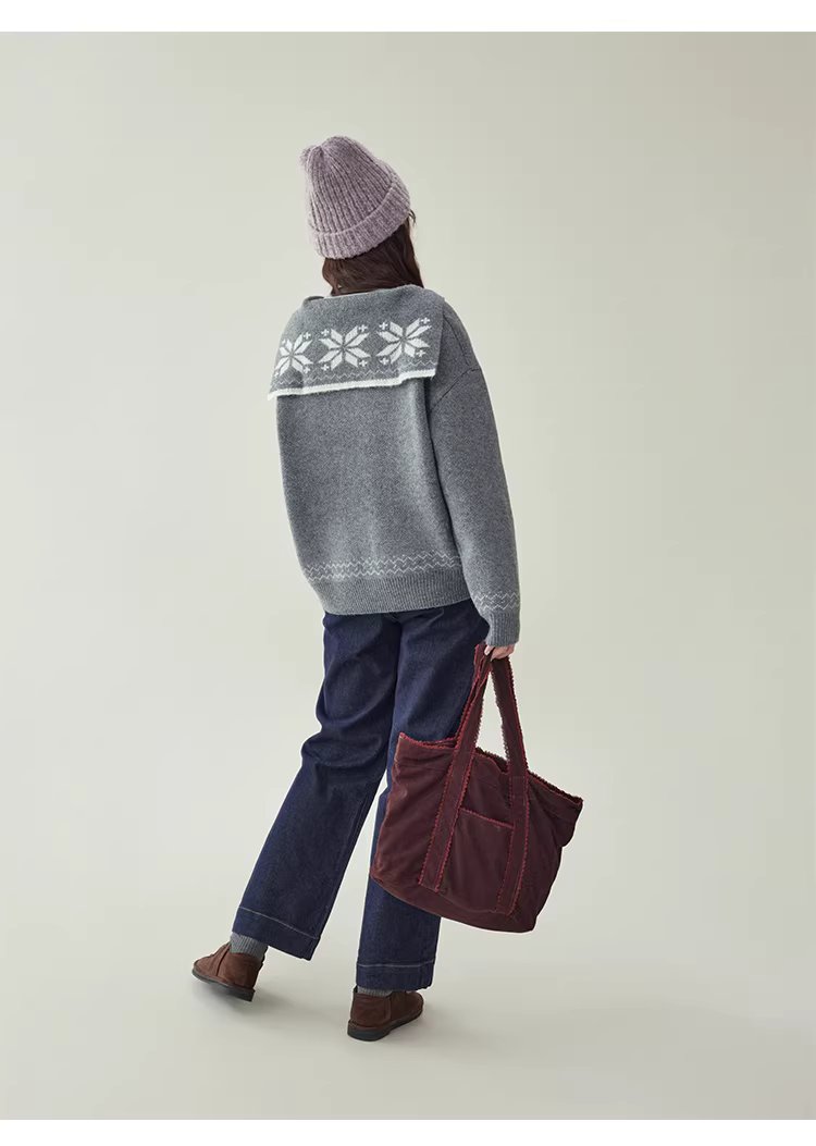 灰色提花海軍領毛衣女冬新款費爾島寬鬆長袖上衣,灰色提花海軍領毛衣女冬新款費爾島寬鬆長袖上衣,HBEW1191,灰色提花海軍領毛衣女冬新款費爾島寬鬆長袖上衣,海軍領,費爾島圖騰