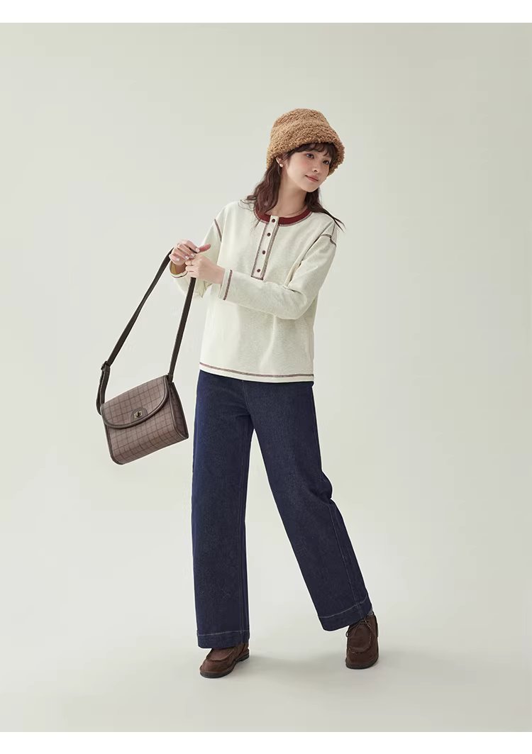 撞色反線落肩袖T恤女冬季新款半開扣圓領上衣,撞色反線落肩袖T恤女冬季新款半開扣圓領上衣,HBEW1192,撞色反線落肩袖T恤女冬季新款半開扣圓領上衣,半開排扣,舒適面料