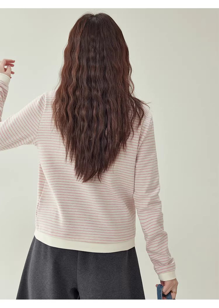 假兩件粉條紋長袖T恤女冬季新款少女感寬鬆上衣,假兩件粉條紋長袖T恤女冬季新款少女感寬鬆上衣,HBEW1197,假兩件粉條紋長袖T恤女冬季新款少女感寬鬆上衣,假兩件式,舒適面料