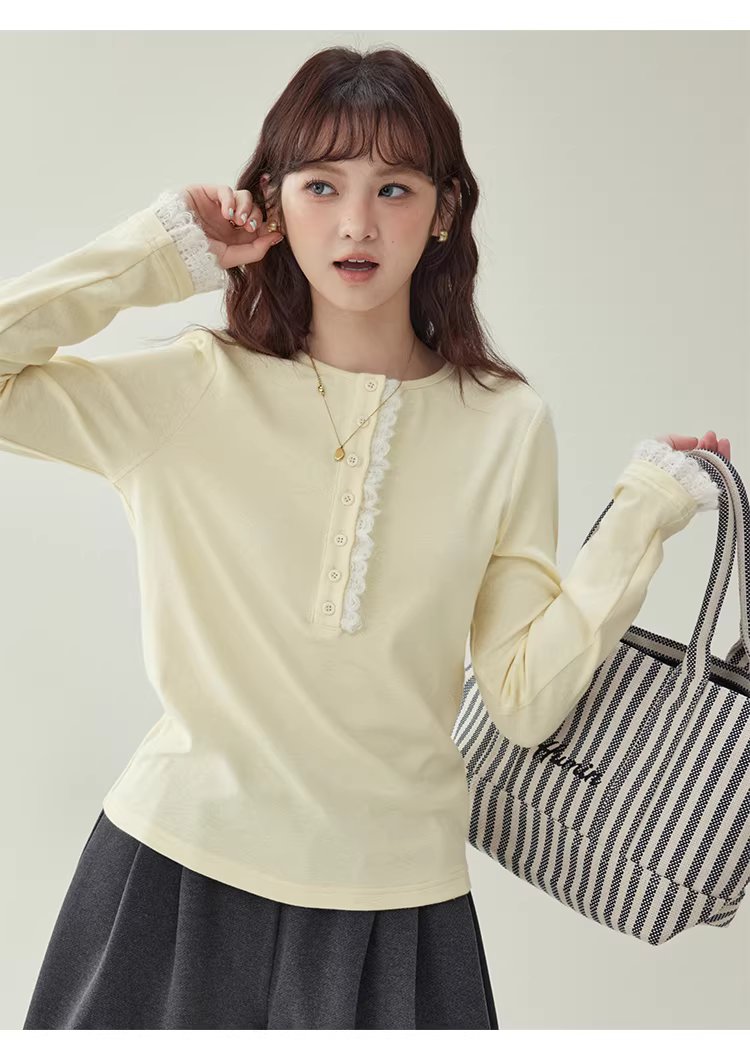 蕾絲拼接半開扣T恤女冬季新款純色打底長袖上衣,蕾絲拼接半開扣T恤女冬季新款純色打底長袖上衣,HBEW1199,蕾絲拼接半開扣T恤女冬季新款純色打底長袖上衣,蕾絲拼接,修身版型
