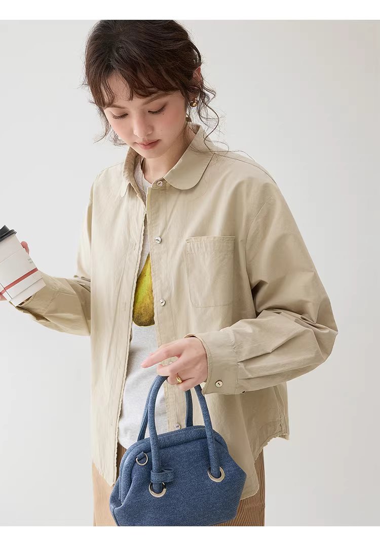 設計感拼接小毛邊襯衫女春季新娃娃領紐扣上衣,設計感拼接小毛邊襯衫女春季新娃娃領紐扣上衣,HBFS1001,設計感拼接小毛邊襯衫女春季新娃娃領紐扣上衣,翻領排扣,棉麻材質