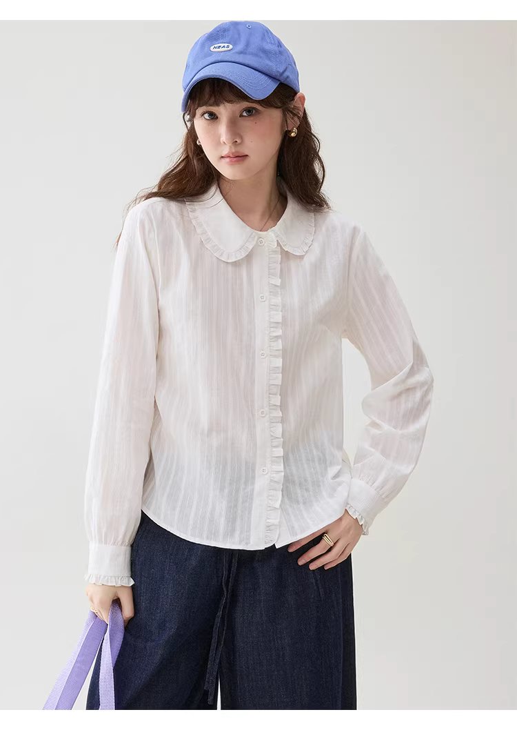 肌理感木耳邊娃娃領襯衫女春季新款純棉長袖上衣,肌理感木耳邊娃娃領襯衫女春季新款純棉長袖上衣,HBFS1003,肌理感木耳邊娃娃領襯衫女春季新款純棉長袖上衣,娃娃領,全棉面料