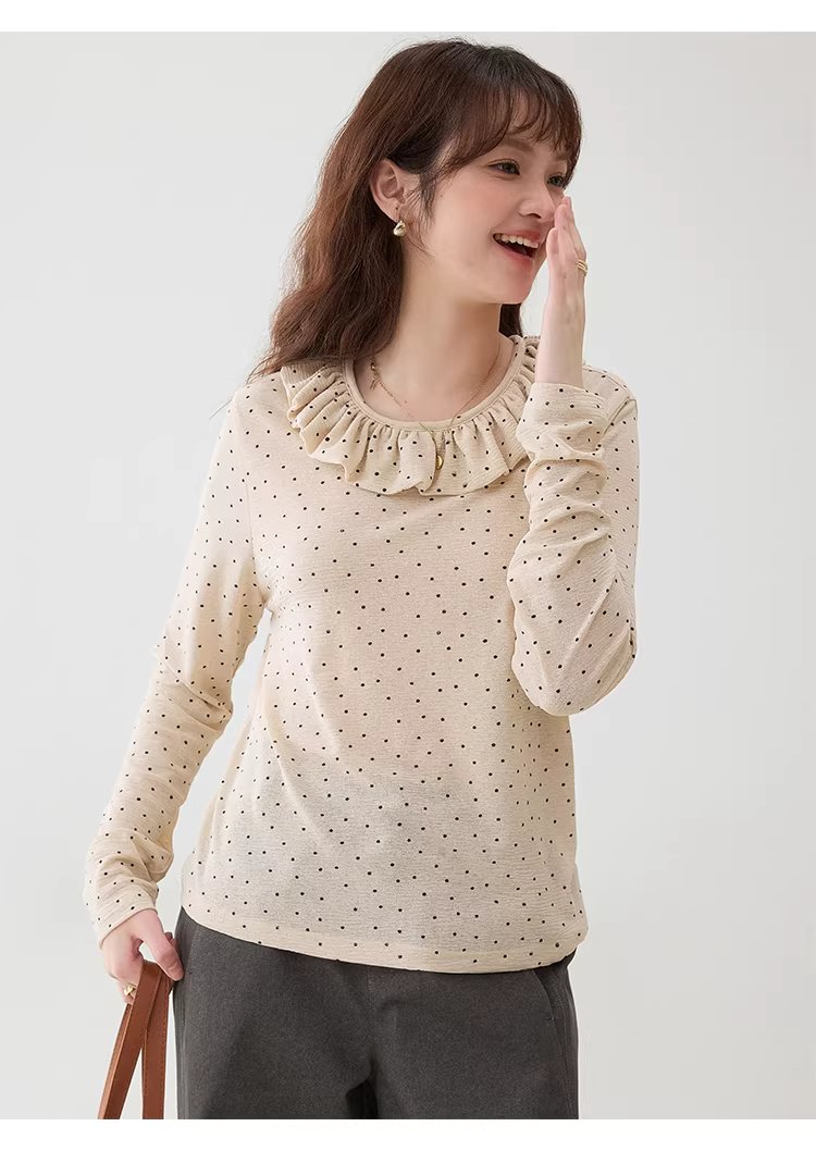 波點荷葉邊圓領T恤女春季新款薄款長袖內搭上衣,波點荷葉邊圓領T恤女春季新款薄款長袖內搭上衣,HBFS1010,波點荷葉邊圓領T恤女春季新款薄款長袖內搭上衣,荷葉邊領,復古波點