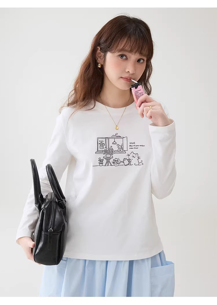 漫畫感線條圖案繡花T恤女春季新款純棉圓領上衣,漫畫感線條圖案繡花T恤女春季新款純棉圓領上衣,HBFS1030,漫畫感線條圖案繡花T恤女春季新款純棉圓領上衣,童趣印花,全棉面料