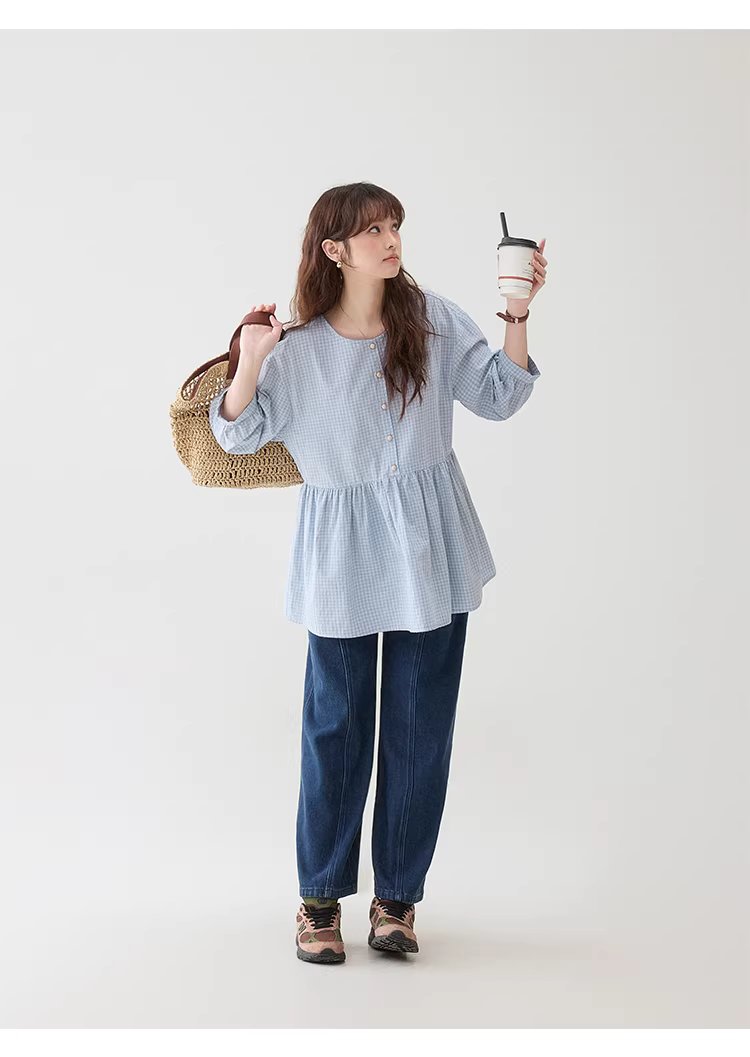 減齡八分袖純棉藍格襯衫女春新款寬鬆娃娃衫上衣,減齡八分袖純棉藍格襯衫女春新款寬鬆娃娃衫上衣,HBFS1039,減齡八分袖純棉藍格襯衫女春新款寬鬆娃娃衫上衣,清新格紋,全棉面料