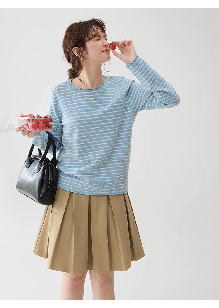 撞色條紋花點捲邊針織衫女春季新款寬鬆長袖上衣,撞色條紋花點捲邊針織衫女春季新款寬鬆長袖上衣,HBFS1043,撞色條紋花點捲邊針織衫女春季新款寬鬆長袖上衣,捲邊衣襬,花點面料