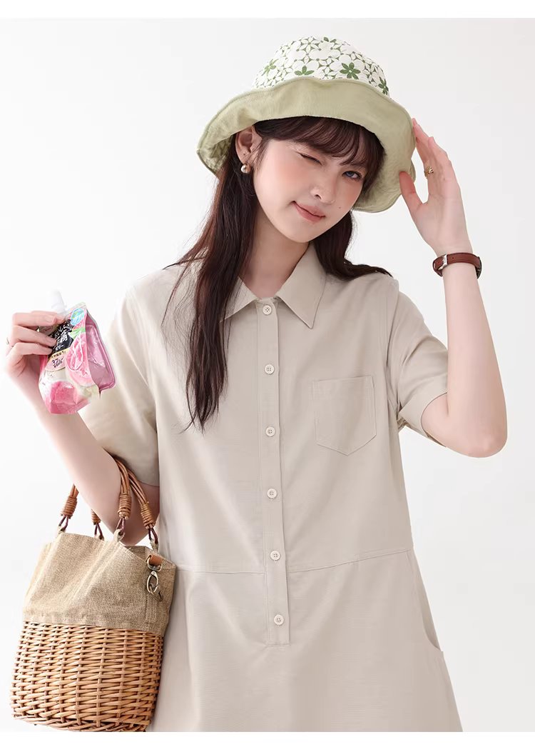 日系polo領花邊洋裝女26夏季新款a字襯衫短裙,日系polo領花邊洋裝女26夏季新款a字襯衫短裙,HBFS7018,日系polo領花邊洋裝女26夏季新款a字襯衫短裙,翻領排扣,天絲混棉