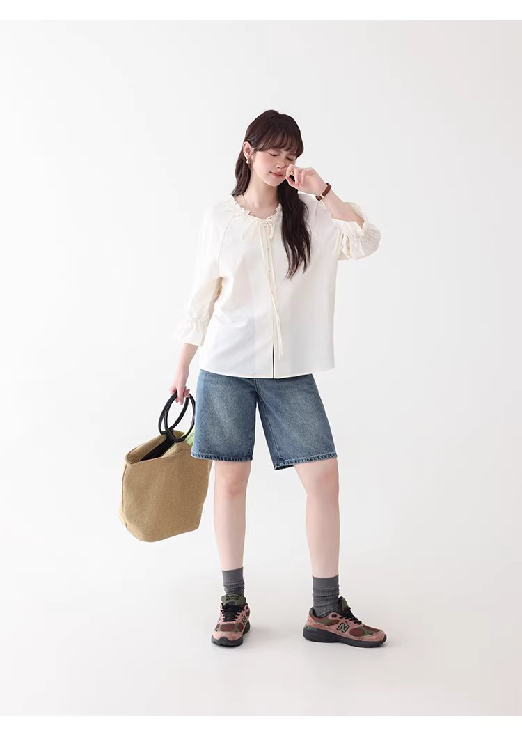 法式木耳邊綁帶V領襯衫女夏新款七分袖羈扣上衣,法式木耳邊綁帶V領襯衫女夏新款七分袖羈扣上衣,HBFS1055,法式木耳邊綁帶V領襯衫女夏新款七分袖羈扣上衣,法式甜美,木耳邊