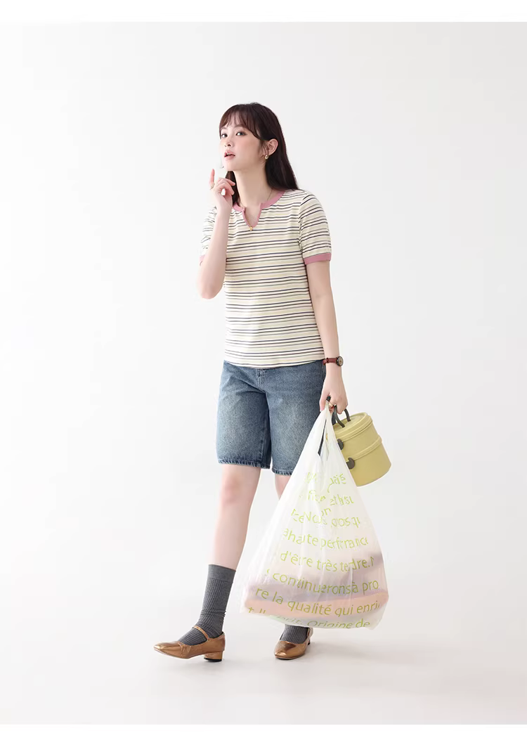 撞色圓V領彩色條紋T恤女26夏季新款減齡短袖上衣,撞色圓V領彩色條紋T恤女26夏季新款減齡短袖上衣,HBFS1082,撞色圓V領彩色條紋T恤女26夏季新款減齡短袖上衣,撞色橫紋,舒適面料