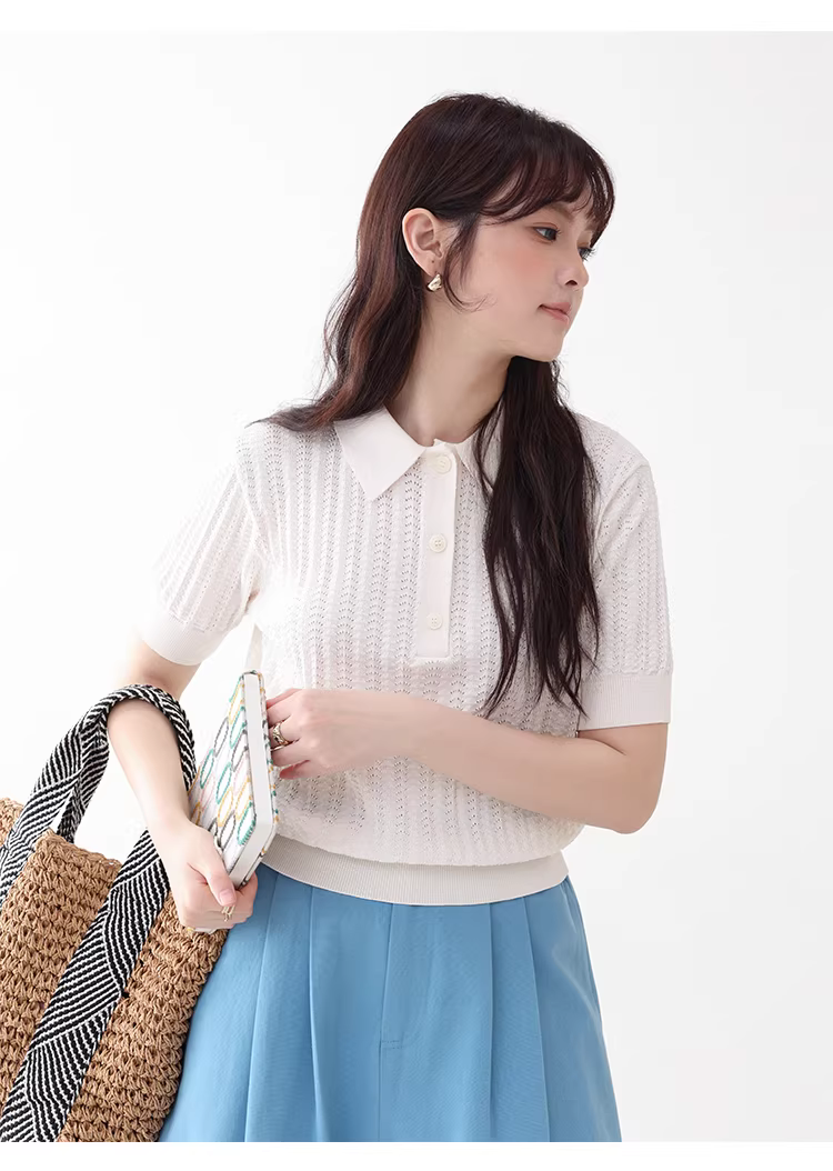 溫柔純色polo領鏤空針織衫女26夏季新款透氣短袖上衣,溫柔純色polo領鏤空針織衫女26夏季新款透氣短袖上衣,HBFS1090,溫柔純色polo領鏤空針織衫女26夏季新款透氣短袖上衣,半開翻領,簍空提花