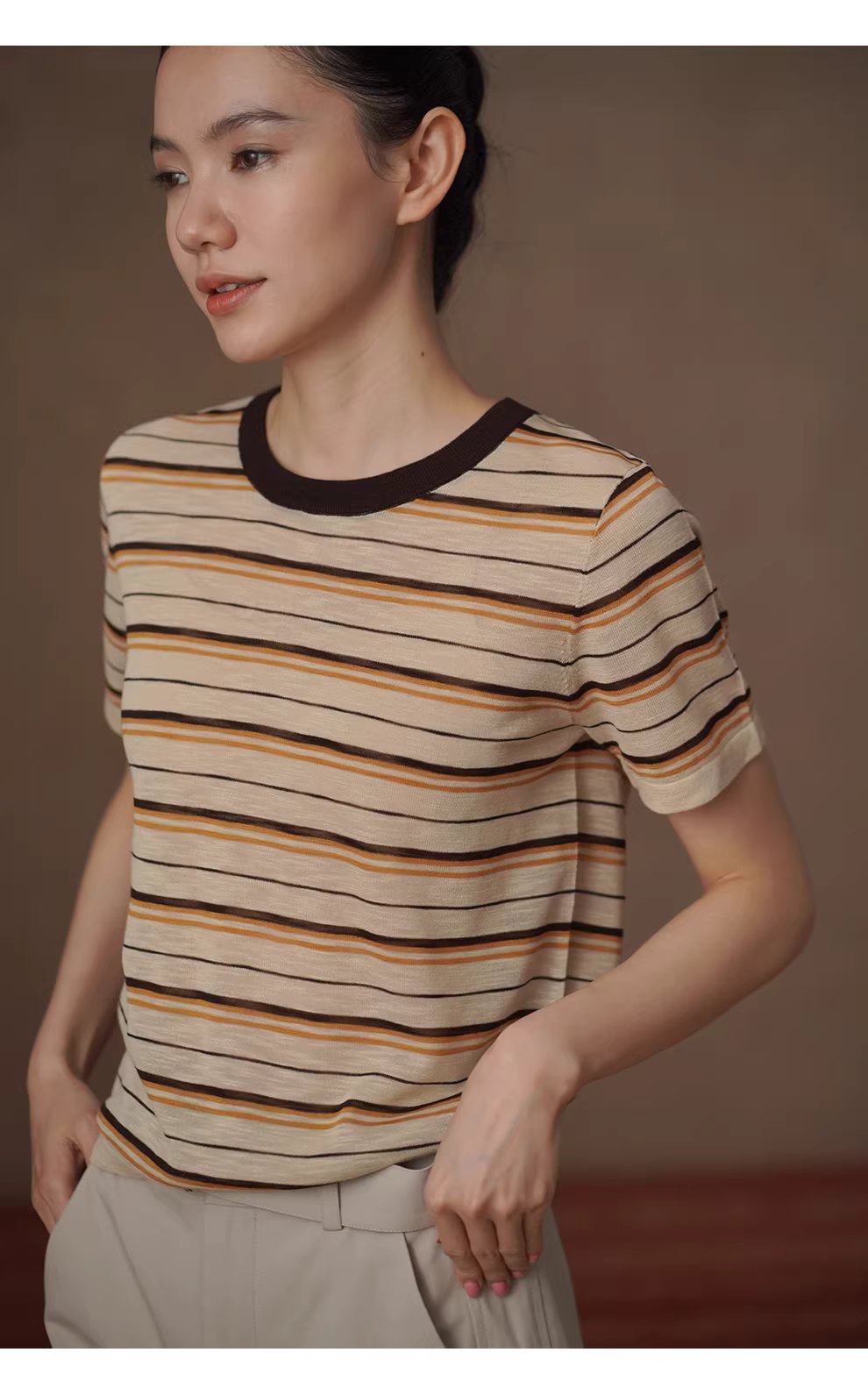 沙灘條紋超爽竹節麻紗線撞色圓領短袖寬鬆顯瘦針織上衣,沙灘條紋超爽竹節麻紗線撞色圓領短袖寬鬆顯瘦針織上衣,HBFS1095,沙灘條紋超爽竹節麻紗線撞色圓領短袖寬鬆顯瘦針織上衣,舒適清爽,撞色領口