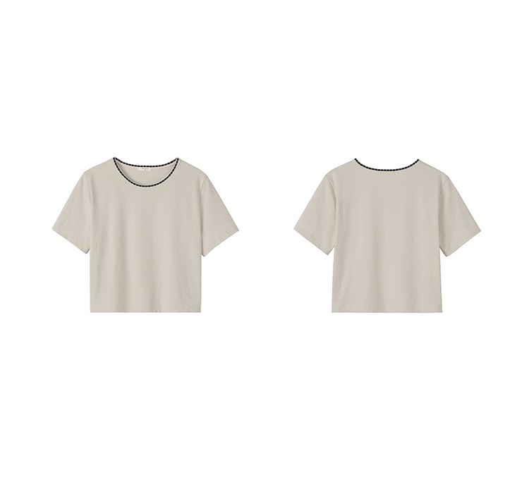 散步T恤定製撞色花邊領口基礎款T恤休閒寬鬆短袖上衣