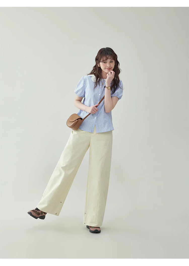 甜美藍格帶扣娃娃領純棉襯衫女夏季泡泡短袖上衣