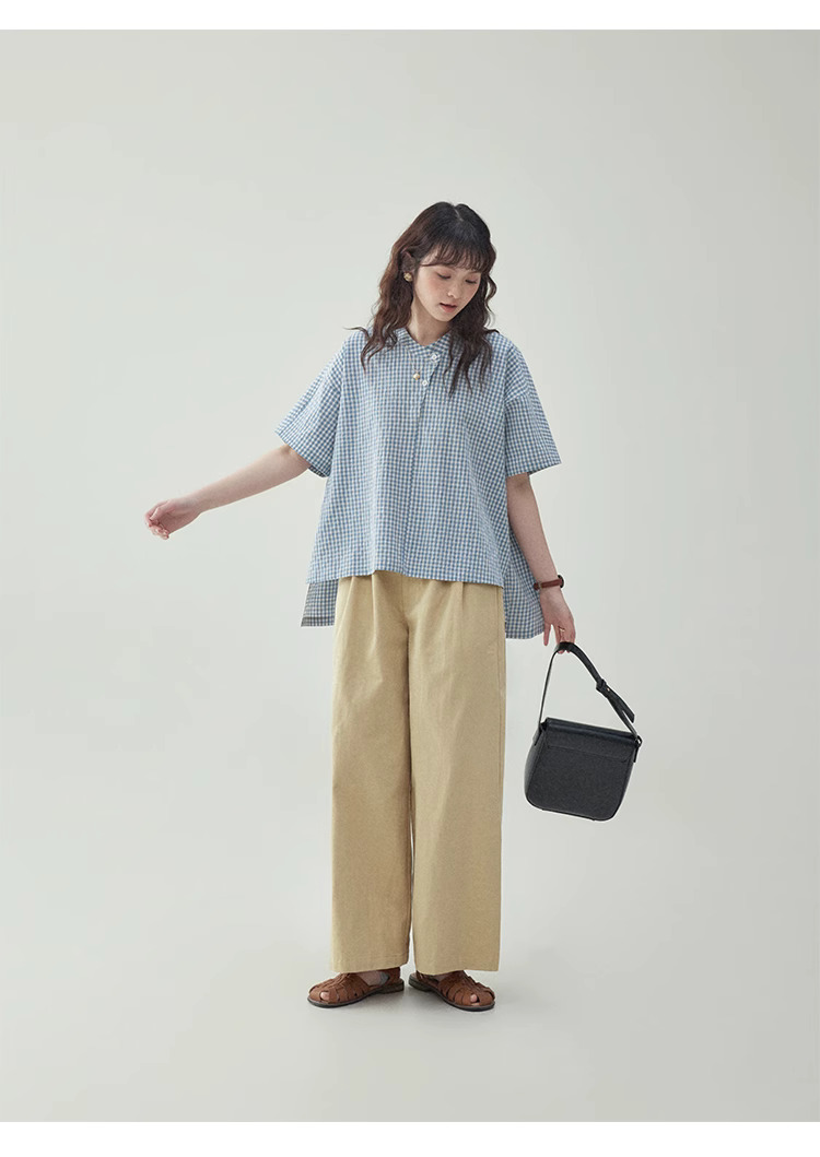 藍格紋不規則蝙蝠袖襯衫女夏季新款寬鬆套頭上衣